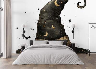 A witch's hat with a black brim and a gold star on the top. The hat is decorated with bats and stars Wall mural