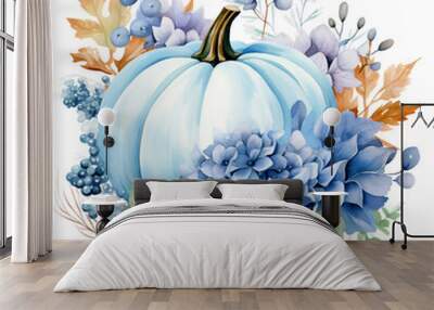 autumn floral elements with blue pumpkin watercolor  isolated Wall mural