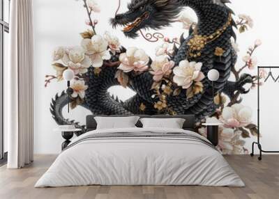 Black Dragon with Floral Embellishments in Blossoming Garden Wall mural