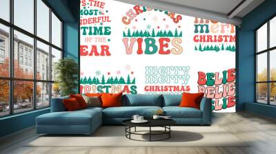 Retro Christmas saying bundle for Card, greeting, design, T shirt print,  postcard wish, poster, banner isolated on white background. winter cozy themed colorful text vector illustration  Wall mural