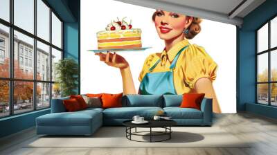 Smiling Woman Presenting a Cake with Cherries Wall mural