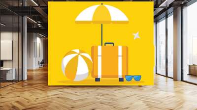 a yellow and white umbrella and suitcases with a beach ball and a bottle of water. Wall mural