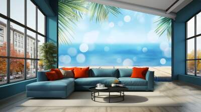 Summer Beach Wooden Tabletop With Palm Leaves Wall mural