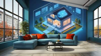 Future Smart building A 3D Render of a Smart house Hologram on a Blue Background  Wall mural