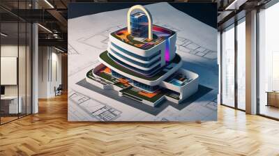 Vibrant 3D Futuristic Building on Dynamic Blueprints Wall mural