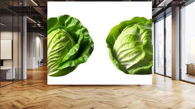 Two fresh green cabbage heads displayed on a white background, showcasing their vibrant leaves and healthy texture. Perfect for culinary, healthy eating, and organic food themes. Wall mural