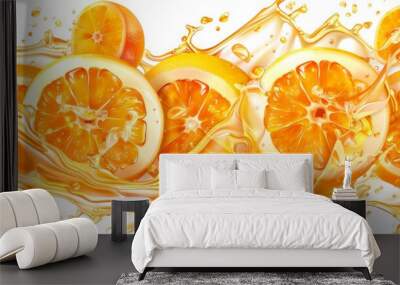 Close view of orange juice splashing with its fruits isolated on white background Wall mural