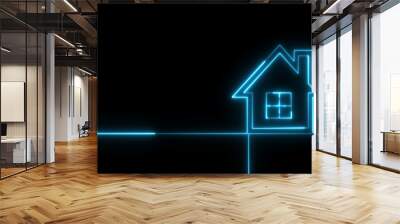 blue neon light home icon on the black background. Wall mural