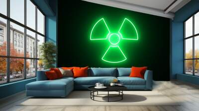 Neon glowing Radiation sign, caution radiation hazard warning sign. Symbol of radioactive threat alert isolated in black background.; Wall mural