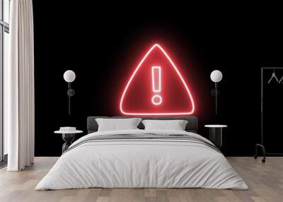 red color neon warning sign on the black background. warning icon. hazard warning attention sign with exclamation mark symbol. Wall mural