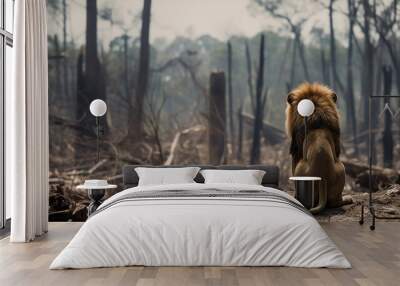 A lion sits in front of a burned forest in the wild. Natural disasters and save animal concepts. Generative AI Wall mural