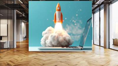 A rocket launched near from a laptop. Blue background. Business startup with growth marketing concepts. Generative AI Wall mural