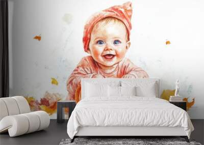 baby with pumpkin Halloween on solid white background Wall mural