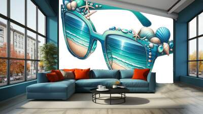 Beach Vibes Sunglasses with Seashell Decorations isolated on solid white background Wall mural