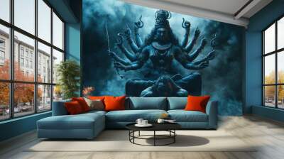 Buddha statue in the temple on dark ash color Wall mural