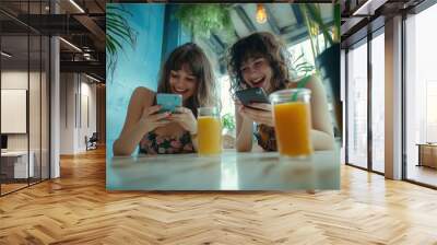 two friends drinking coffee in cafe steadicam shot Wall mural