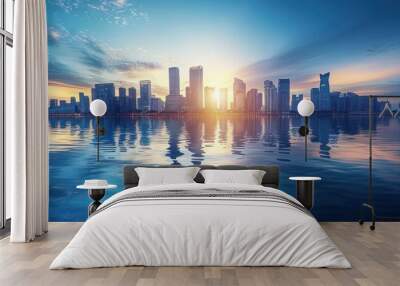 A city skyline is reflected in the water Wall mural