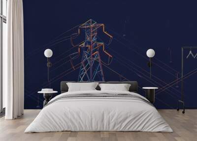 Dark background with High Voltage Power Pylon in isometric style. Steel Power line Generator. AI generated Wall mural