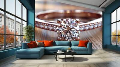 Engagement ring, hands and proposal of engaged couple romantic marriage celebration. Zoom on diamond jewelry finger for love. Wall mural