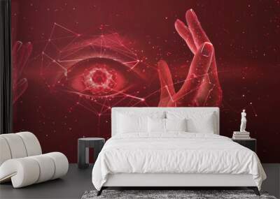 Eye open human and two holding, protecting hands from futuristic polygonal red lines and glowing stars for banner, poster, greeting card. AI generated Wall mural