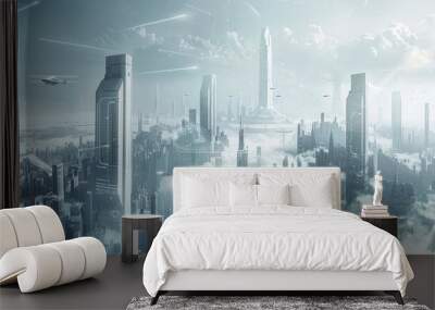 Futuristic Cityscape Above the Clouds Wall mural