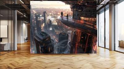 Futuristic Cityscape with Two Silhouettes Wall mural