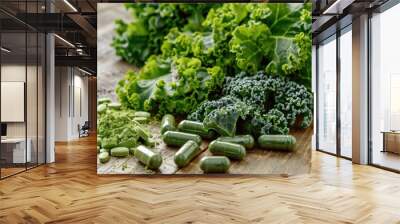 Green Supplements and Fresh Kale Leaves Wall mural