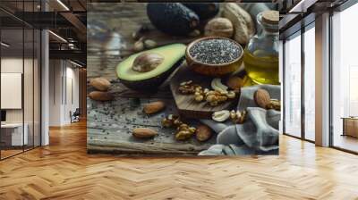 Healthy Food Ingredients on Wooden Background Wall mural