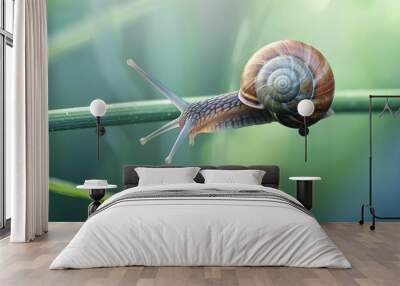 Snail Moving Slowly on Green Plant Stem, Nature Close-Up. AI generated Wall mural