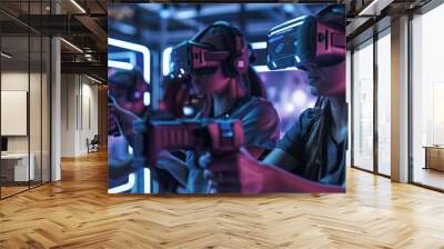 Two young women wearing VR headsets and holding laser guns in a VR arcade. Wall mural