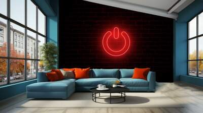 neon, glowing power icon on brick wall. Power Control: Innovative Icon Design for Renewable Energy Solutions in Technology and Sustainability Wall mural