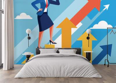 A businesswoman stands on upward arrows, looking through binoculars to spot future growth opportunities. Wall mural