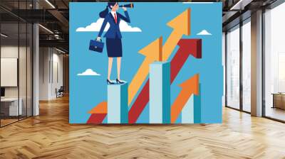 A businesswoman stands on upward arrows, looking through binoculars to spot future growth opportunities. Wall mural