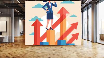 A businesswoman stands on upward arrows, looking through binoculars to spot future growth opportunities. Wall mural