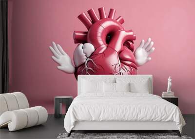 A 3D cartoon illustration of a human heart against a pink background. The heart features a smiling face and has two white arms wrapped around it, giving itself a hug Wall mural