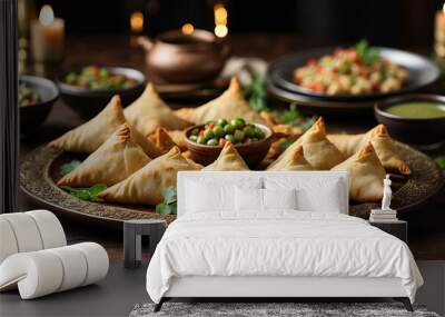 A festive gathering where the centerpiece is a platter of succulent chicken samosas on a dark, polished wooden table Wall mural