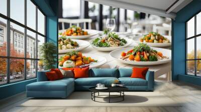 a selection of freshly prepared vegetarian dishes on a clean, white wooden table in a chic restaurant environment Wall mural