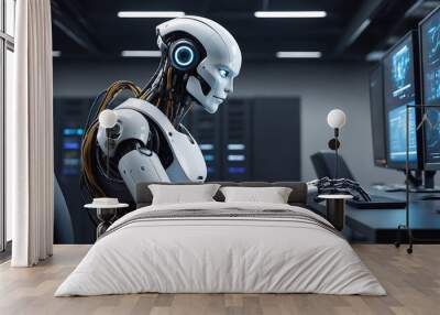 A strong artificial intelligence robot sitting at a desk with a computer monitor in data center background Wall mural