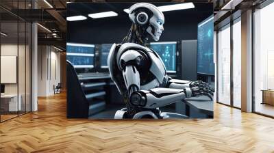 A strong artificial intelligence robot sitting at a desk with a computer monitor in data center background Wall mural