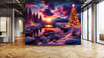 A winter landscape at dusk featuring a beautifully illuminated Christmas tree adorned with lights and a tranquil river reflecting the vibrant hues of a sunset Wall mural