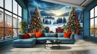 A winter landscape featuring two decorated evergreen trees adorned with ornaments and twinkling lights positioned on either side of a snowy scene Wall mural