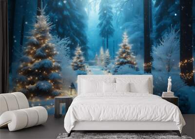 A winter scene featuring a snow covered path winding through a forest adorned with frosted evergreens Wall mural