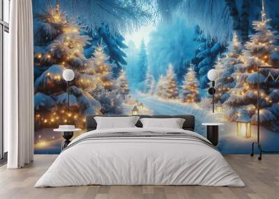 A winter scene featuring a snow covered path winding through a forest adorned with frosted evergreens Wall mural