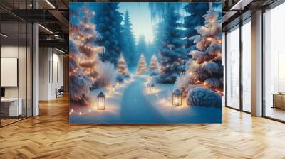 A winter scene featuring a snow covered path winding through a forest adorned with frosted evergreens Wall mural