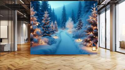 A winter scene featuring a snow covered path winding through a forest adorned with frosted evergreens Wall mural