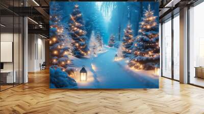 A winter scene featuring a snow covered path winding through a forest adorned with frosted evergreens Wall mural