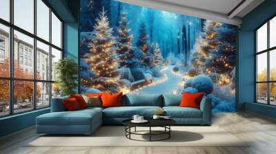 A winter scene featuring a snow covered path winding through a forest adorned with frosted evergreens Wall mural