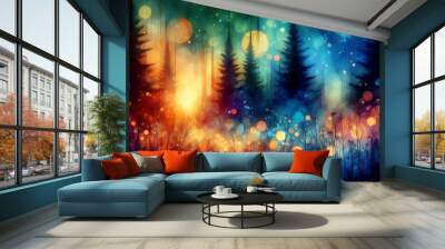 Abstract depiction of a forest at dusk tall dark evergreen trees against a colorful background. The scene is illuminated by numerous glowing orbs of light in warm hues of orange yellow and cool blues  Wall mural