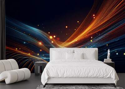 Abstract dynamic flowing lines in vibrant orange blue hues composition evokes a feeling of motion and light suggesting a digital or futuristic theme against a dark background Wall mural