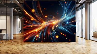 Abstract dynamic flowing lines in vibrant orange blue hues composition evokes a feeling of motion and light suggesting a digital or futuristic theme against a dark background Wall mural